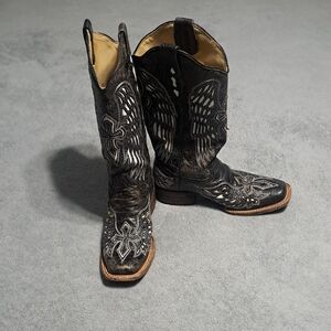 Black Embroidered Winged Heeled Cowboy Boots